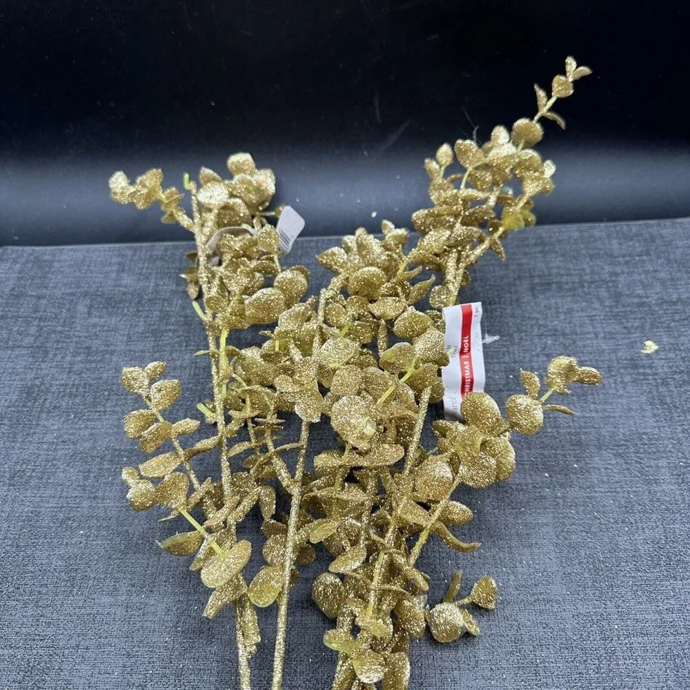 Gold Glitter Christmas Tree Picks Leafs Long Stems Floral Lot of 4 Crafts Decor